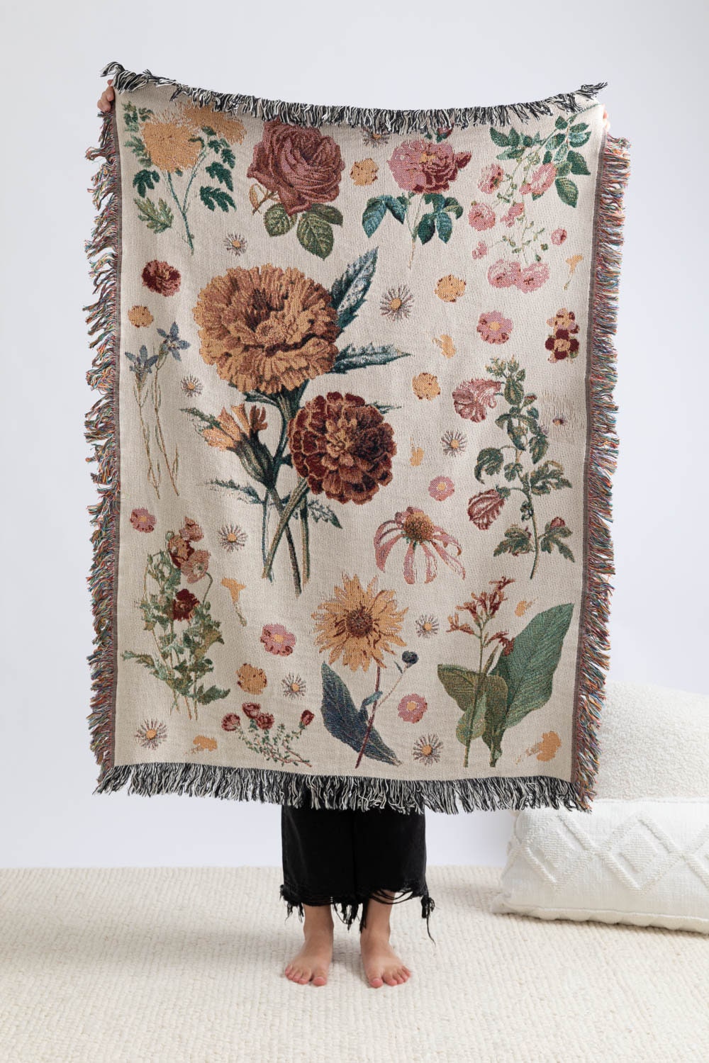 Vintage Floral Woven Throw Blanket Handdrawn Floral Decor Etsy
