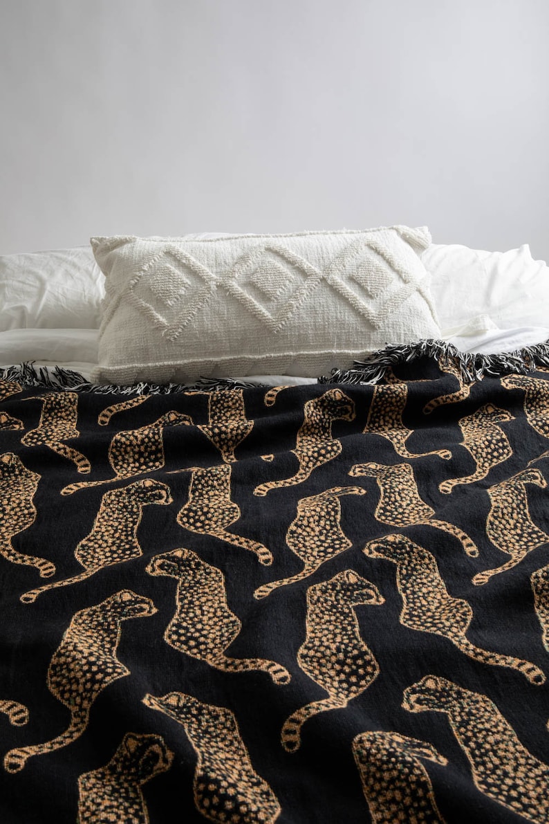Leopard Throw Blanket in Black Leopard Blanket Cat Woven Etsy