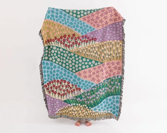 Floral Throw Blanket, Hand-Drawn Flower Fields, Woven Cotton, USA Made
