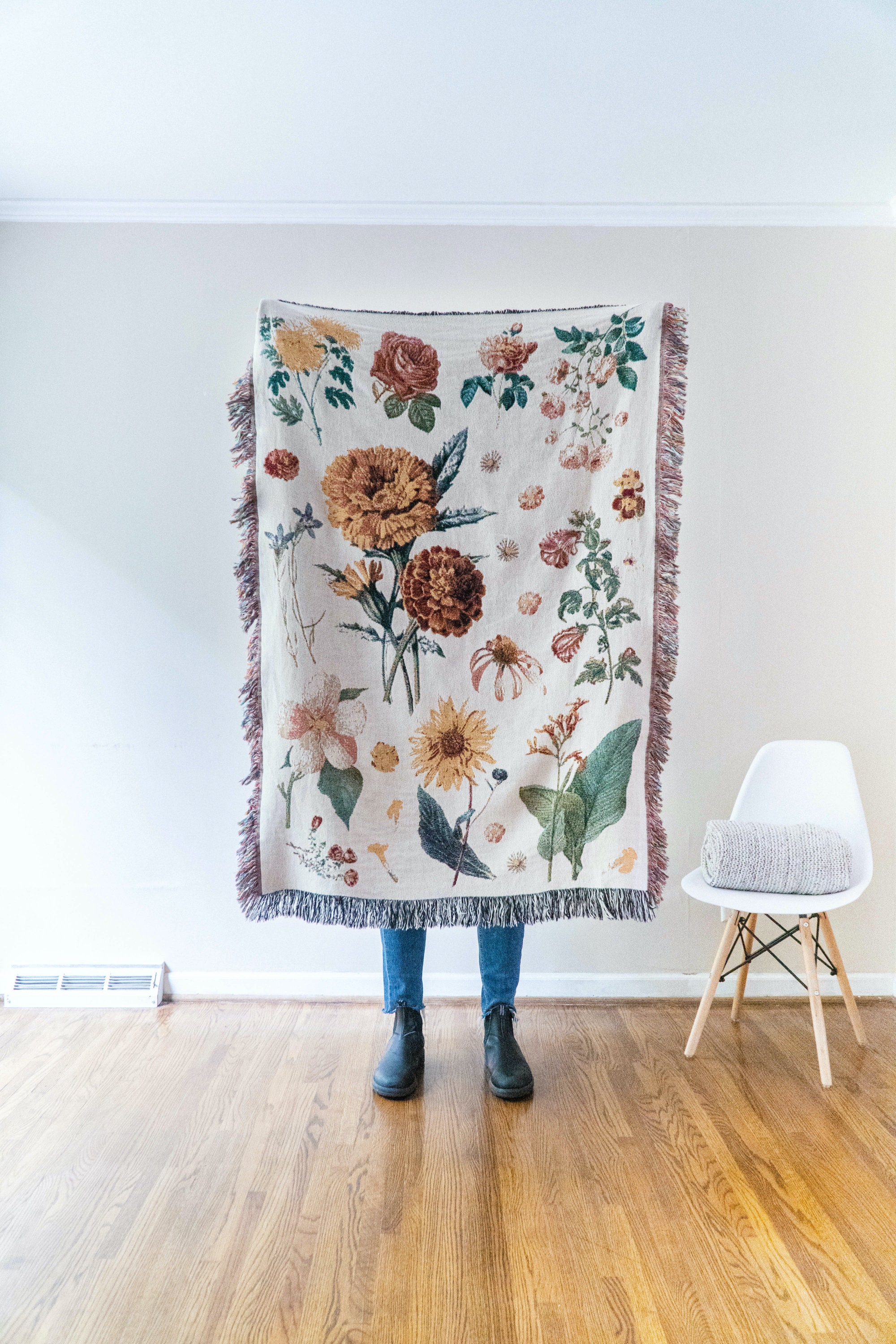 Vintage Floral Woven Throw Blanket Handdrawn Floral Decor Etsy