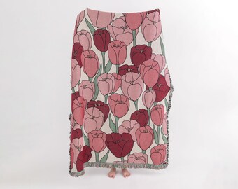 Tulip Floral Woven Throw Blanket – Dusty Pink Cotton, Made in USA