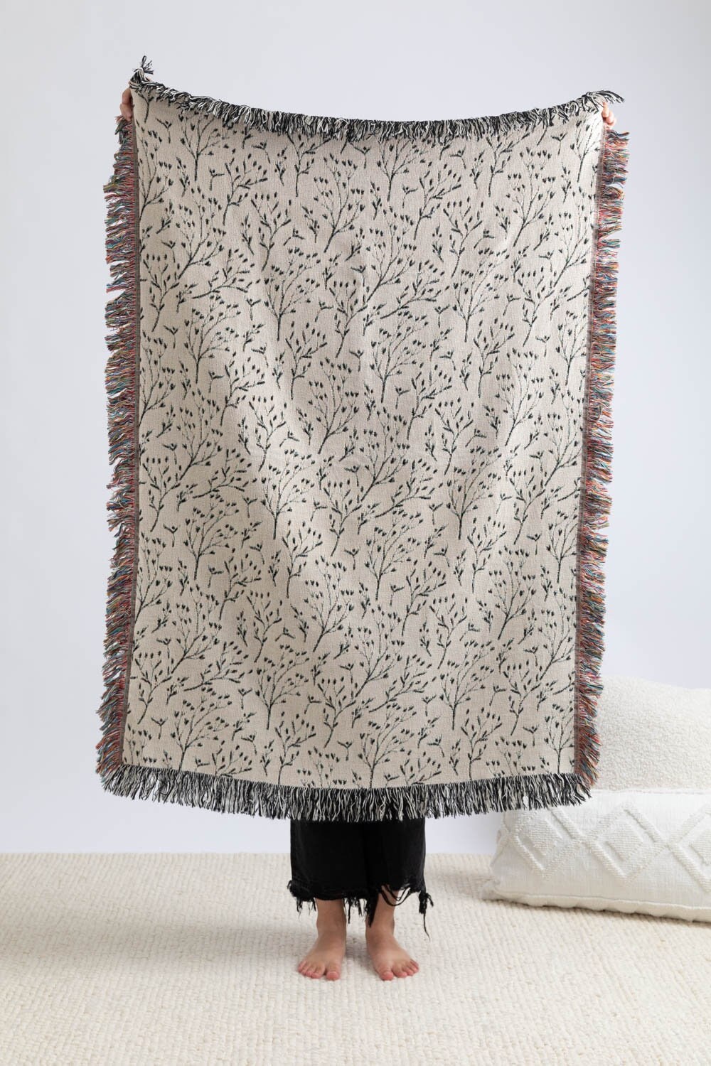 Minimal Floral Woven Throw Blanket Handdrawn Floral Decor Etsy