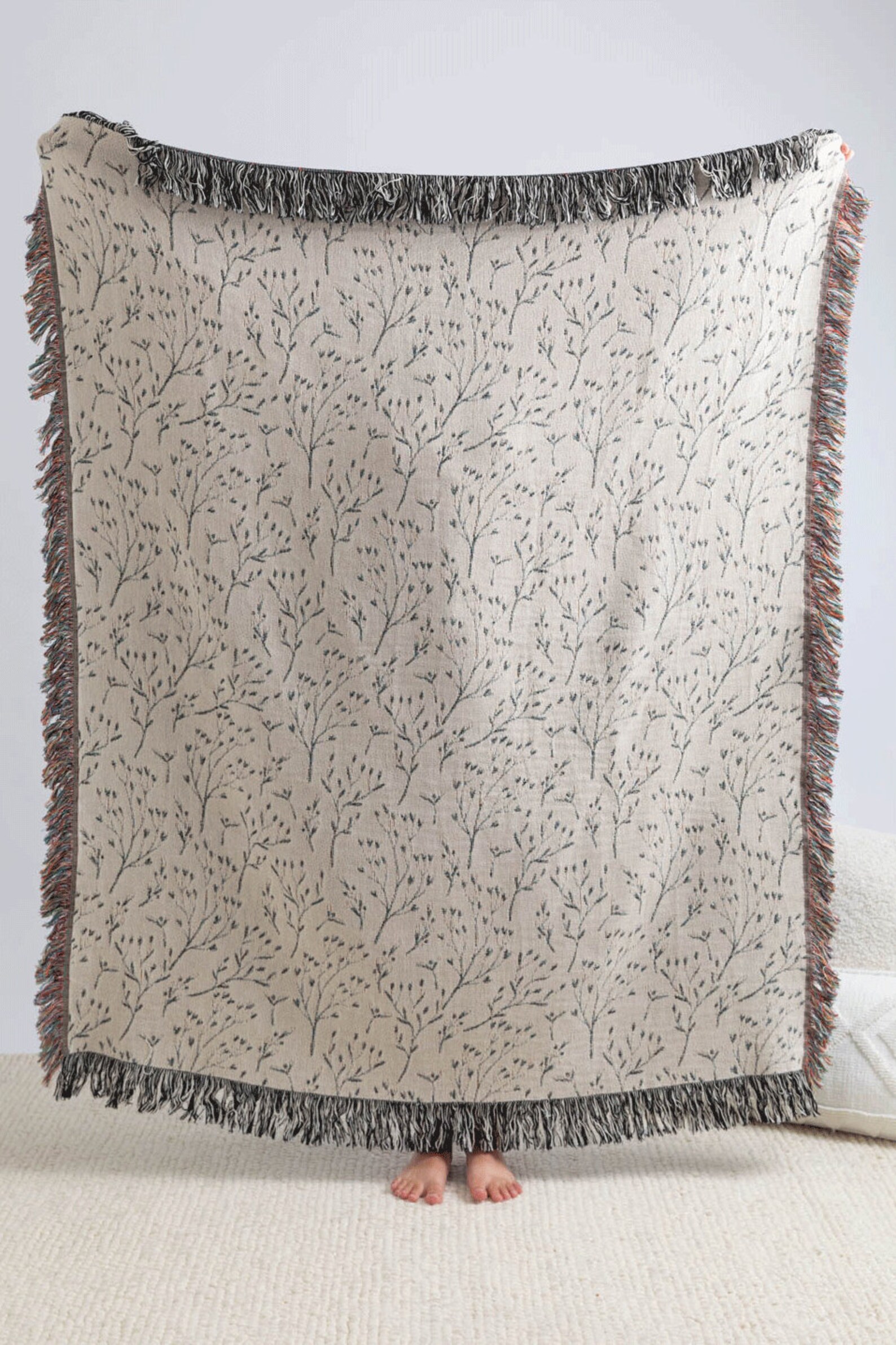 Minimal Floral Woven Throw Blanket Handdrawn Floral Decor Etsy