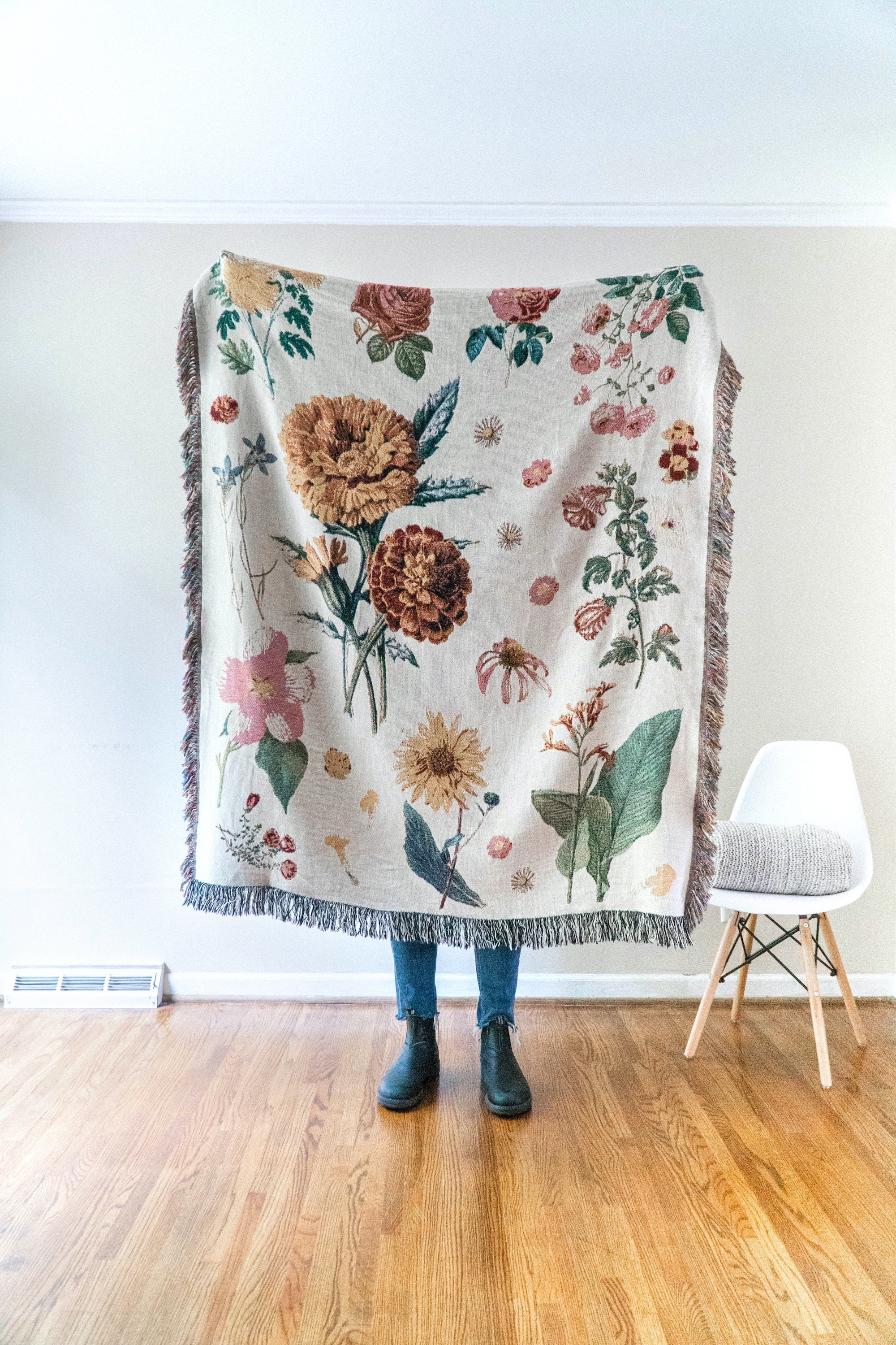 Vintage Floral Woven Throw Blanket Handdrawn Floral Decor Etsy