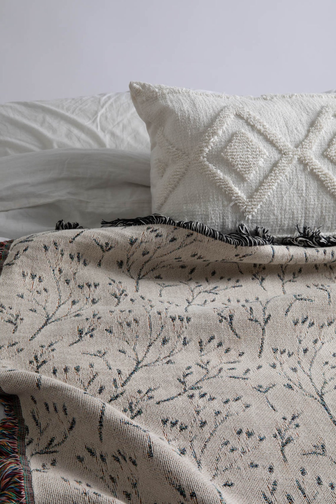 Minimal Floral Woven Throw Blanket Handdrawn Floral Decor Etsy