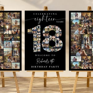 18th Birthday Party Welcome Sign, Photo Collage TEMPLATE, Celebrating 18 Years, Display Poster Black ,
