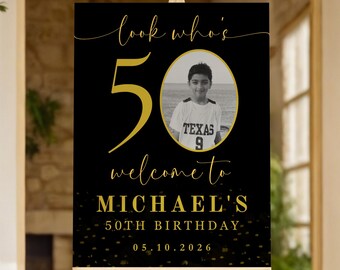 50th Birthday Welcome Sign, Black and Gold Photo Editable Template (Digital Download)
