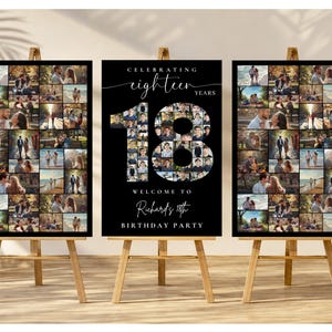 Panneau de bienvenue pour fête d'anniversaire du 18e anniversaire, modèle de collage photo, célébration de ses 18 ans, affiche noire,