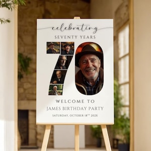 Cartel de bienvenida editable con collage de fotos para el 70 cumpleaños – Póster con montaje para celebrar 70 años (Descarga digital)