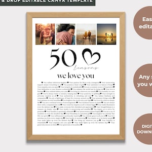 50 Reasons We Love You Poster With Pictures Template, Printable 50th Birthday Gift for Him or Her Editable, Personalized 50th Birthday Décor