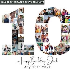 Collage de fotos del décimo cumpleaños, décimo aniversario o regalo de cumpleaños, cumpleaños número 10 imprimible, plantilla de collage de fotos del décimo cumpleaños, número 10