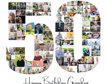 50th Birthday Photo Collage Template – Editable Number 50 Collage | Personalized 50th Birthday Gift for Women, Him, Mom & Family