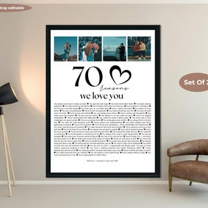 May include: A framed black and white print with the text "70 reasons we love you" and four small photos. The print is displayed on a wall next to a floor lamp and a brown leather chair. The words "Set of 2" are also visible.