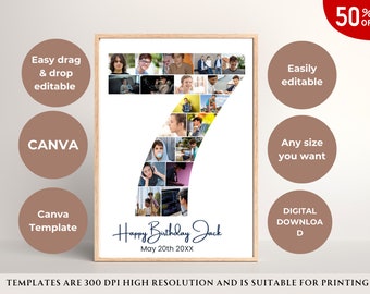 7 Geburtstag Foto Collage Vorlage, Canva Zahl 7 Geschenk (Digitaler Download)