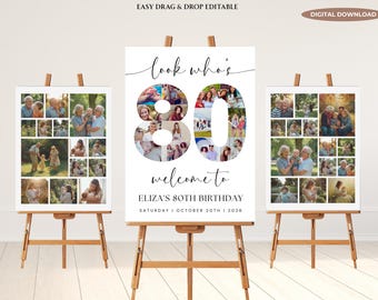Puede incluir: Tres caballetes de madera exhiben un letrero personalizado para el 80 cumpleaños. El letrero central presenta el texto "look who's" y "welcome to Eliza's 80th Birthday". El número 80 está lleno de fotos. Los letreros laterales tienen collages de fotos.