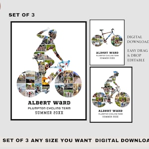 Puede incluir: Conjunto de tres descargas digitales imprimibles con una silueta de ciclista hecha de fotos. Cada diseño incluye el texto "Albert Ward", "Plumpton Cycling Team" y "Summer 20XX".