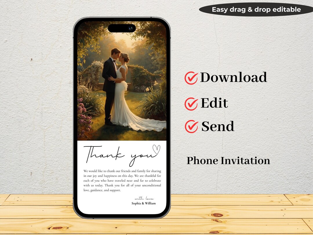 Digital Wedding Thank You Card With Photo, Editable Template (instant ...