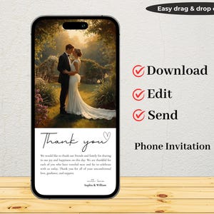 写真付きデジタルウェディングサンキューカード、編集可能なテンプレート（すぐにダウンロード可能）