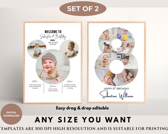 Collage de fotos para el octavo cumpleaños: tablero editable del hito número 8 (descarga digital)