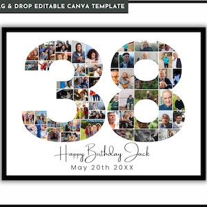 38e verjaardag fotocollage, 38e verjaardag of verjaardagscadeau, verjaardagsnummer 38 afdrukbaar, 38e fotocollagesjabloon, nummer 38