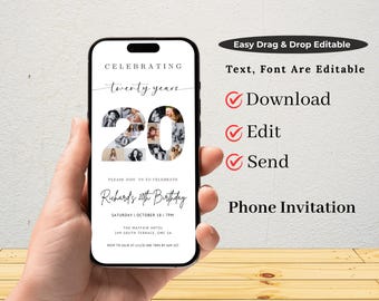 20th Birthday Photo Collage Invitation, Modern Editable  20 Phone Evite (Digital Download)