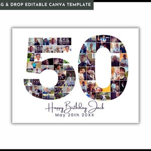 50th Birthday Photo Collage Template, Personalized 50th Anniversary or Birthday Gift for Women, Him, Mom, Number Collage, Gift,