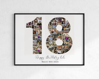 Plantilla de collage de fotos para cumpleaños número 18, collage personalizado con el número 18, collage de cumpleaños número 18, regalo personalizado para ella.