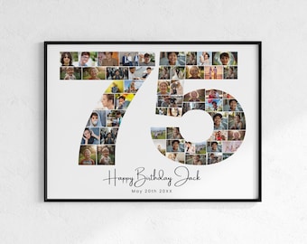 Plantilla editable de collage de fotos para el 75 cumpleaños, regalo personalizado para ella, 75 cumpleaños, collage con el número 70
