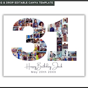 Collage de fotos para el 31.º cumpleaños, regalo de aniversario o cumpleaños, número 31, plantilla de collage de fotos para el 31.º cumpleaños, póster editable para el 31.º cumpleaños