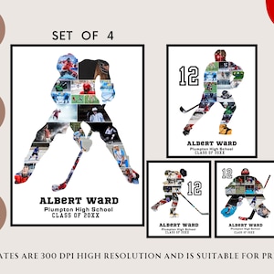 May include: Set of four printable hockey player photo collage templates. Each template features a black silhouette of a hockey player with a hockey stick. The player's silhouette is filled with a collage of photos. The templates are customizable with names, school, and year. The text "SET OF 4" is at the top of the image.