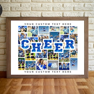 May include: A collage of photos of cheerleaders in blue and white uniforms, with the word "CHEER" in large blue letters with glitter. The text "YOUR CUSTOM TEXT HERE" appears at the top and bottom of the collage.