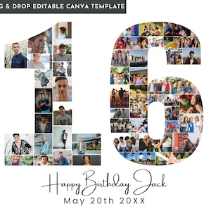 Fotocollage zum 16. Geburtstag, 16. Jahrestag ODER Geburtstagsgeschenk, Nummer 16, Fotocollage zum 16. Geburtstag, bearbeitbares Poster zum 16. Geburtstag