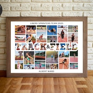 May include: A collage of photos of athletes competing in track and field events. The photos are arranged in a grid pattern, with the words "TRACK & FIELD" in large white letters across the middle. The text "LIBERY SPRINTERS TEAM 2025" is at the top of the collage, and the text "ALBERT WARD" is at the bottom.