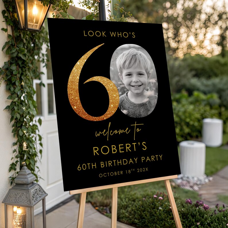 60th Birthday Welcome Sign, Black Gold Photo Template (digital Download ...