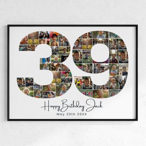 Collage de fotos para el 39 cumpleaños: Plantilla con el número 39 (Descarga digital)