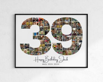 Collage de fotos para el 39 cumpleaños: Plantilla con el número 39 (Descarga digital)
