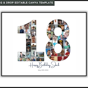 Collage de fotos de cumpleaños número 18, regalo de cumpleaños número 18, imprimible personalizado con el número 18, collage de fotos personalizado para cumpleaños número 18