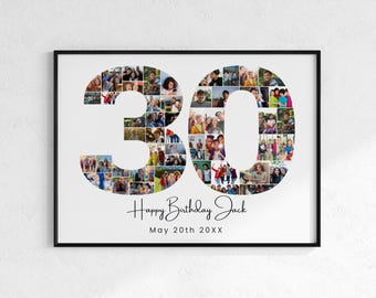 30th Birthday Photo Collage Gift, Personalized Number 30, Editable (Digital Download)