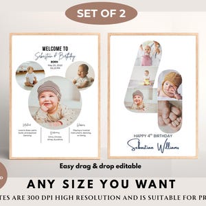 4th Birthday Number 4 Photo Editable Collage Four Year Old Milestones Party Decor Photo Board Printable Poster WelcomeSign Editable Template