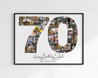 Plantilla de collage de fotos para el 70 cumpleaños: Diseño de collage personalizado con el número 70 (Descarga digital)