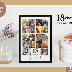 May include: A black framed photo collage with 18 squares, each containing a different photo. The collage is designed to celebrate an 18th birthday and includes the text "18 Years of James Smith".