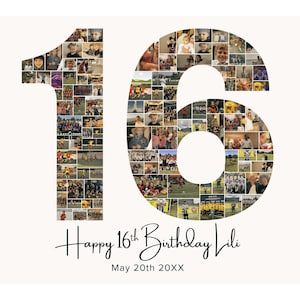 16th Birthday Photo Collage | Editable Birthday Poster, Personalized Number 16 Printable 16 Year Old Milestones Party Decor Photo Board