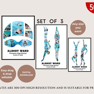 Schwimmen-Fotocollage Sport Schwimmer Athlet Senior Nacht Abschluss Geschenk Schwimm-Trainer Bild Collage Druckbares Poster bearbeitbare Vorlage