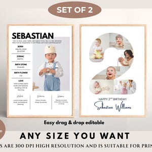 May include: Two framed prints. One displays a child's details: name, birthdate, and zodiac sign, alongside a photo. The second print shows a collage of baby photos in the shape of the number two, with the text "Happy 2nd Birthday".