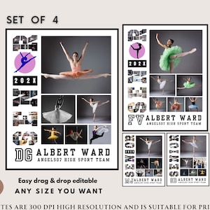 Puede incluir: Conjunto de cuatro plantillas digitales con bailarinas de ballet. Cada plantilla incluye el texto "ALBERT WARD ANGELS07 HIGH SPORT TEAM" y el año "202X". Las plantillas son fáciles de editar y adecuadas para imprimir.
