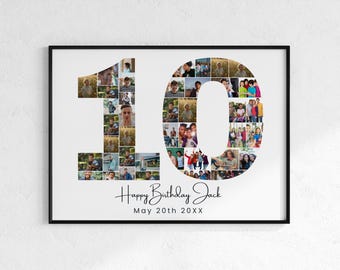 Cadeau fotocollage 10e verjaardag, canvasjabloon (digitale download)