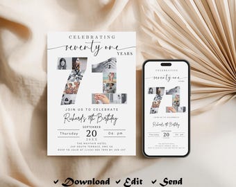 71st Birthday Invitation Template: Photo Collage, Minimalist Design (Digital Download)