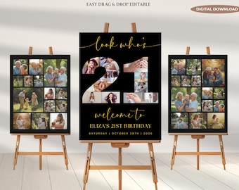 21st Birthday Photo Collage Poster Template, Editable Canva Bundle (Digital Download)