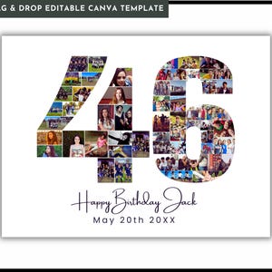46th Birthday Photo Collage Template, Personalized 46th Birthday Gift for Her, Family Gift, Birthday Gift, Number 46 Collage, Editable