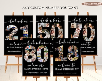 Any Custom Number Black Birthday Photo Collage editable Template Welcome Sign Customizable, Digital Download